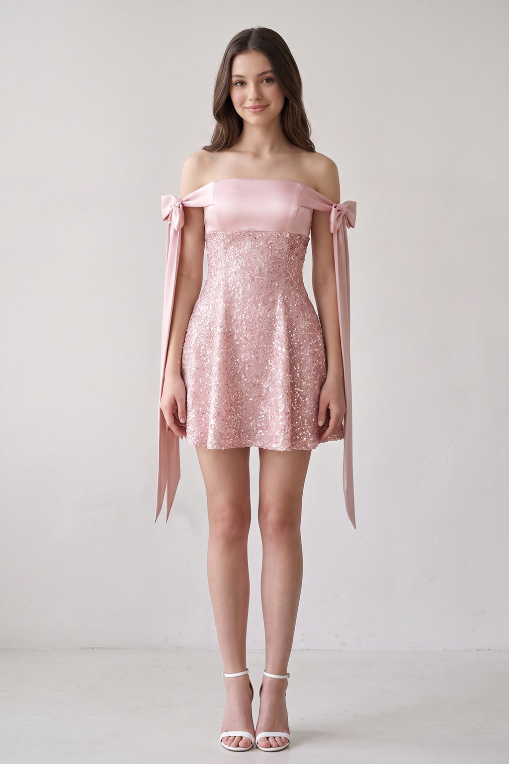 Pink Off-the-Shoulder A-Line Satin Homecoming Dress with Sequins