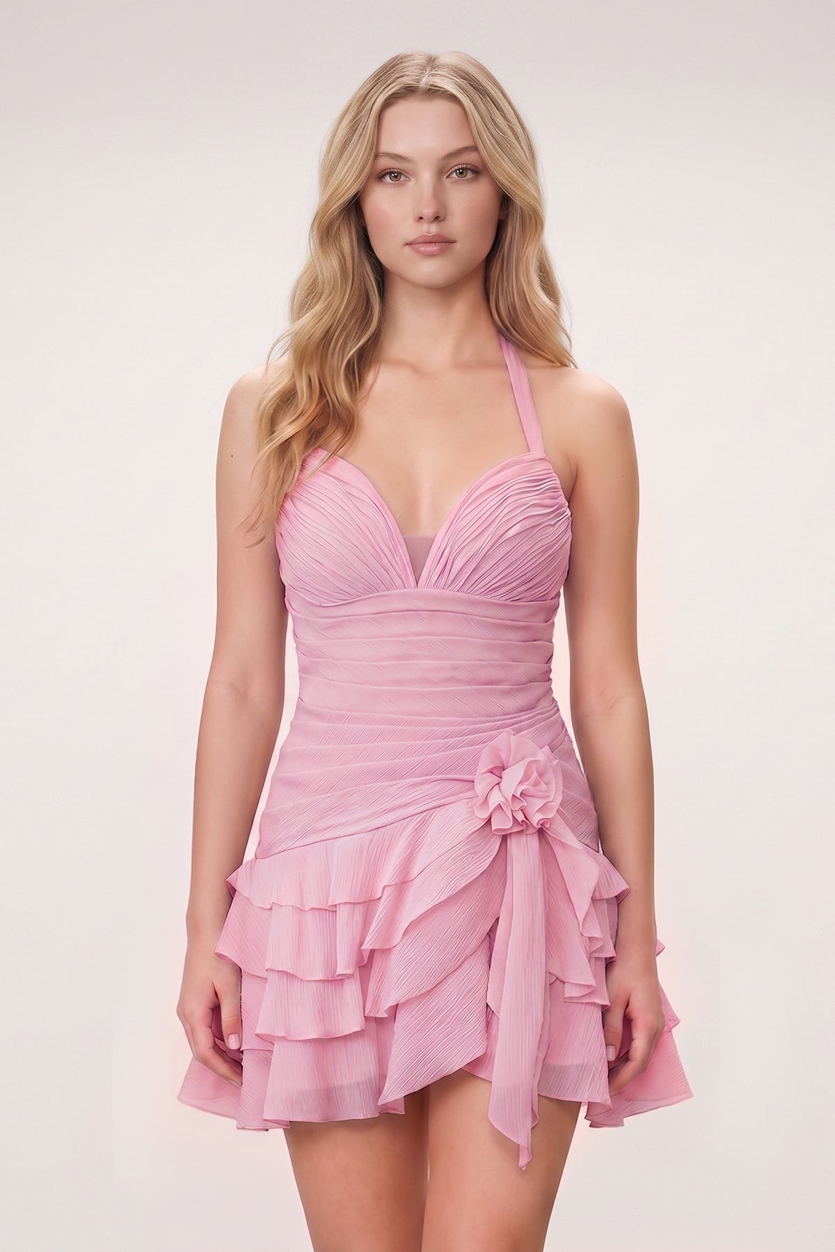 Brown Organza Halter A-Line Pleated Ruffled Homecoming Dress