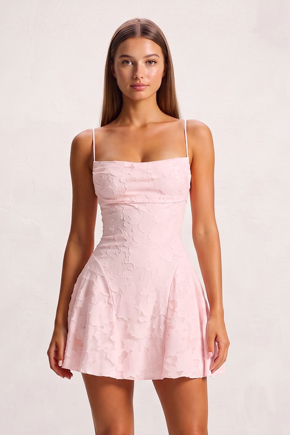 Pink Spaghetti Straps Jacquard Chiffon A-Line Homecoming Dress