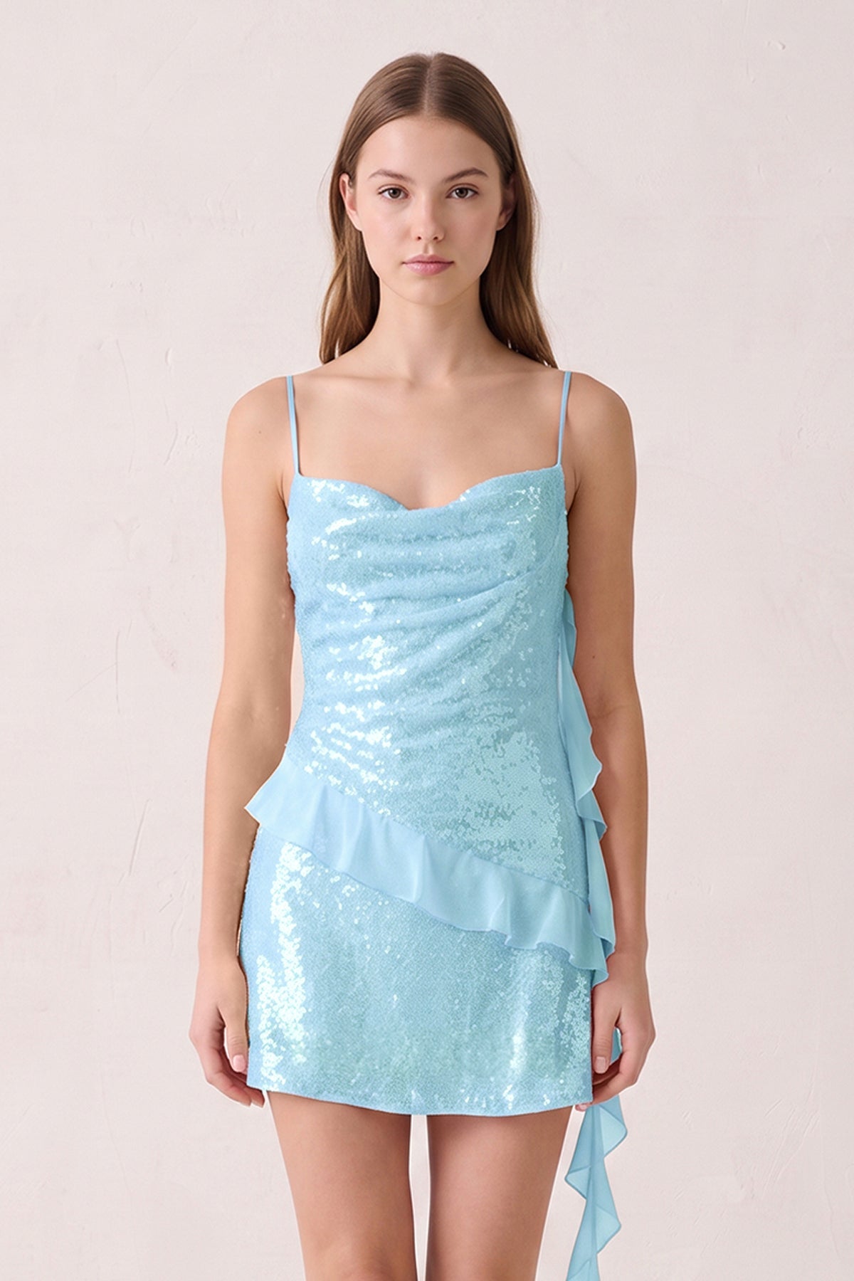 Pink Spaghetti Straps Sequin Ruched Ruffled Sheath Homecoming Dress