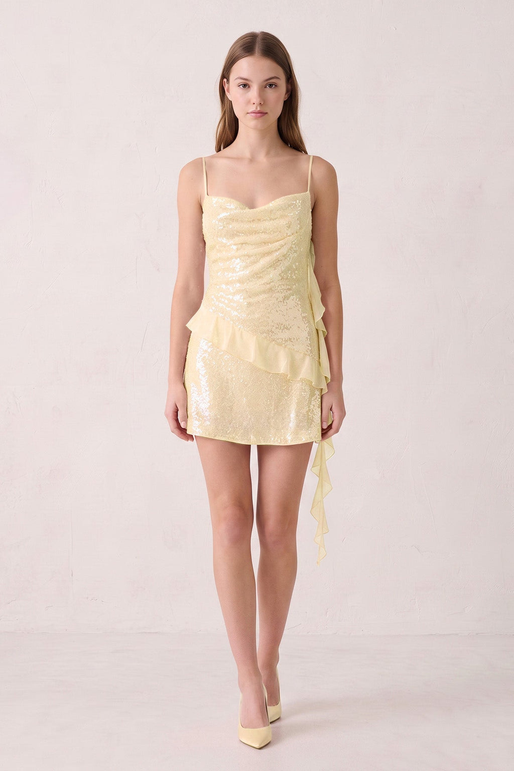 Pink Spaghetti Straps Sequin Ruched Ruffled Sheath Homecoming Dress