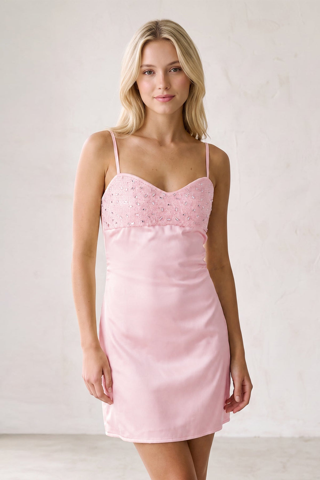 Champagne Spaghetti Straps Sheath Rhinestones Satin Homecoming Dress with Tie Back