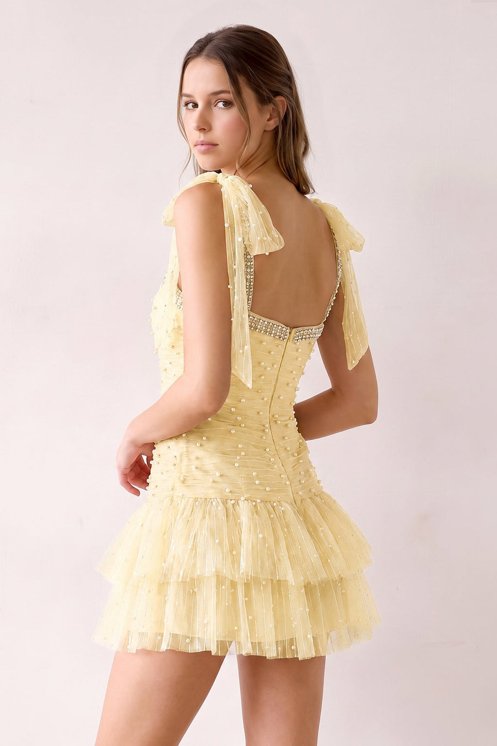 Pink Square Neck A-Line Ruffled Tulle Homecoming Dress with Pearl