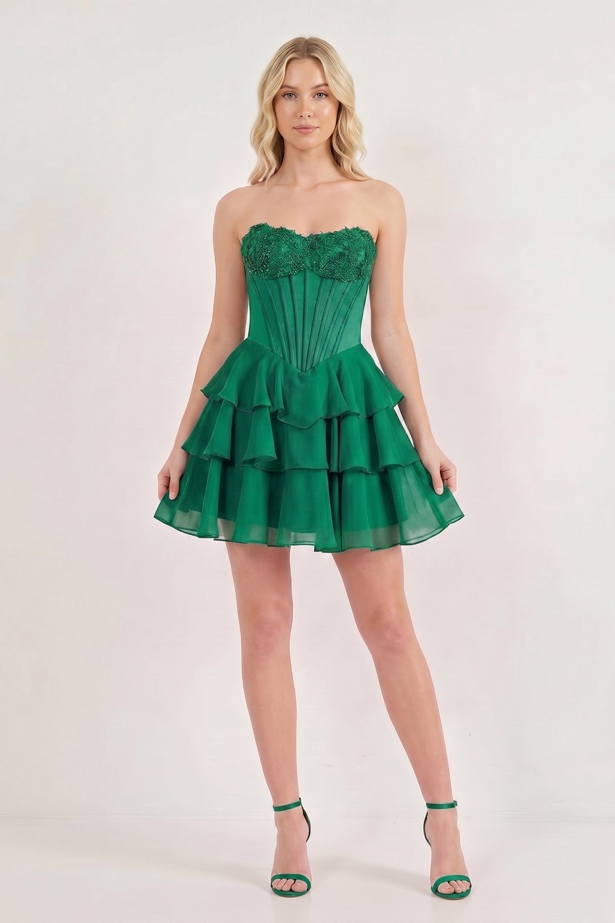 Pink Strapless Tiered A-Line Ruffled Chiffon Appliqued Homecoming Dress