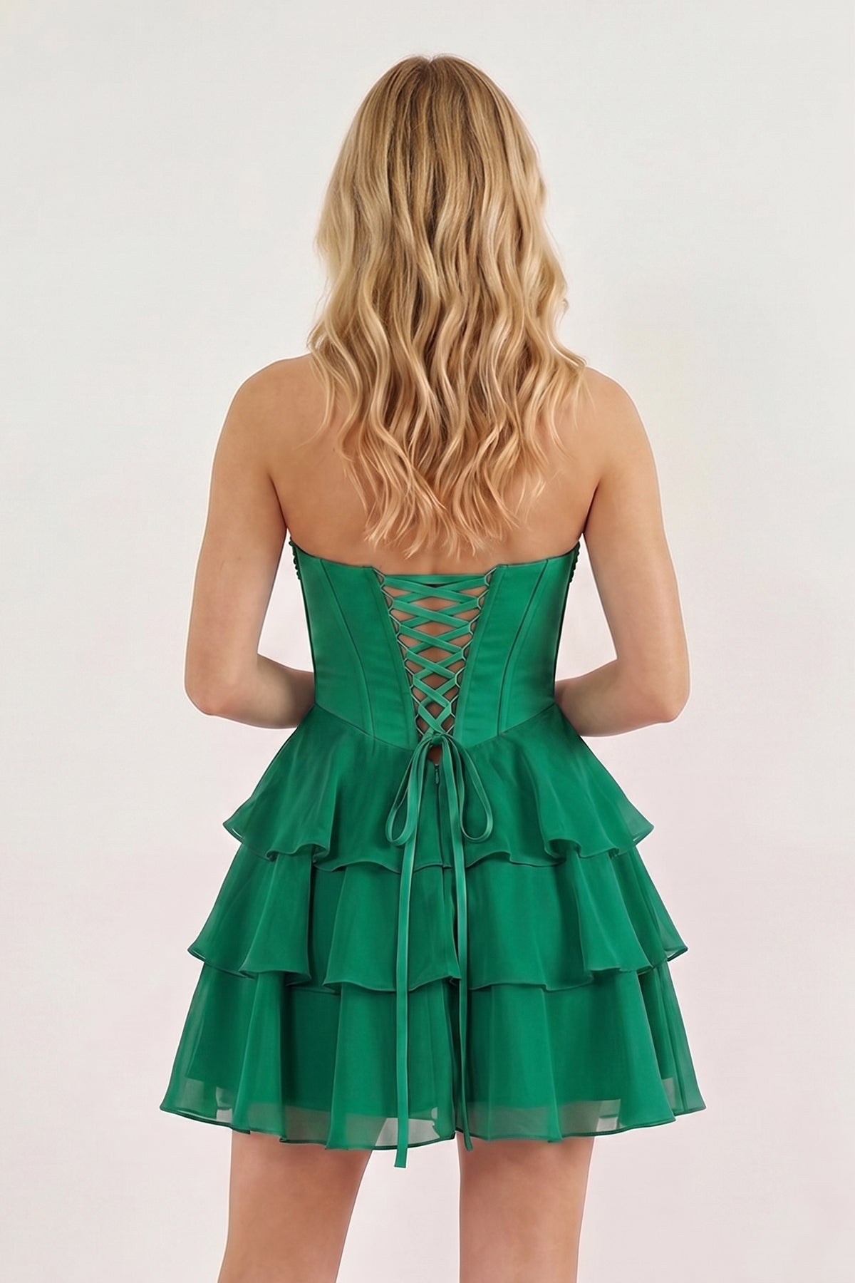 Pink Strapless Tiered A-Line Ruffled Chiffon Appliqued Homecoming Dress