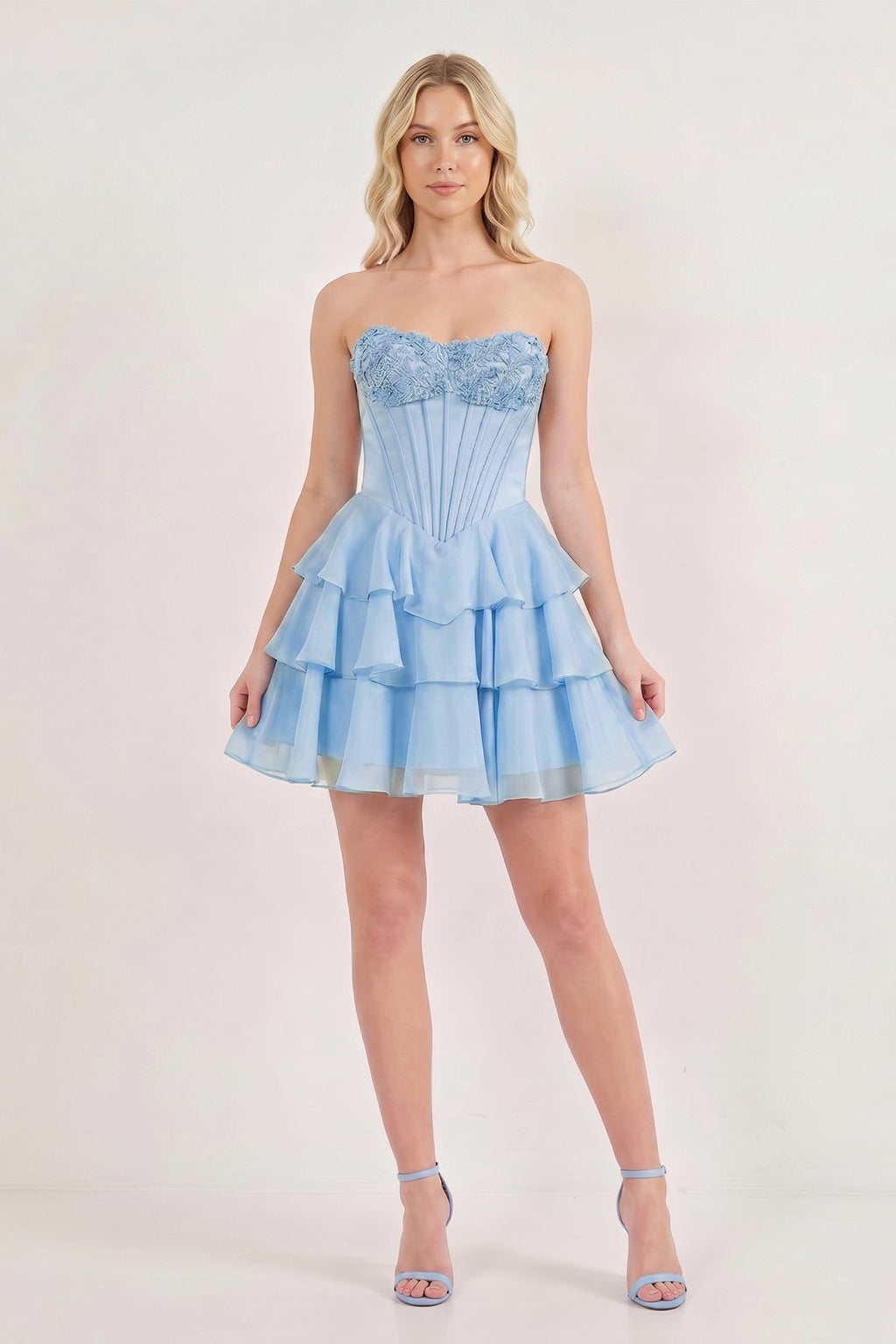 Pink Strapless Tiered A-Line Ruffled Chiffon Appliqued Homecoming Dress