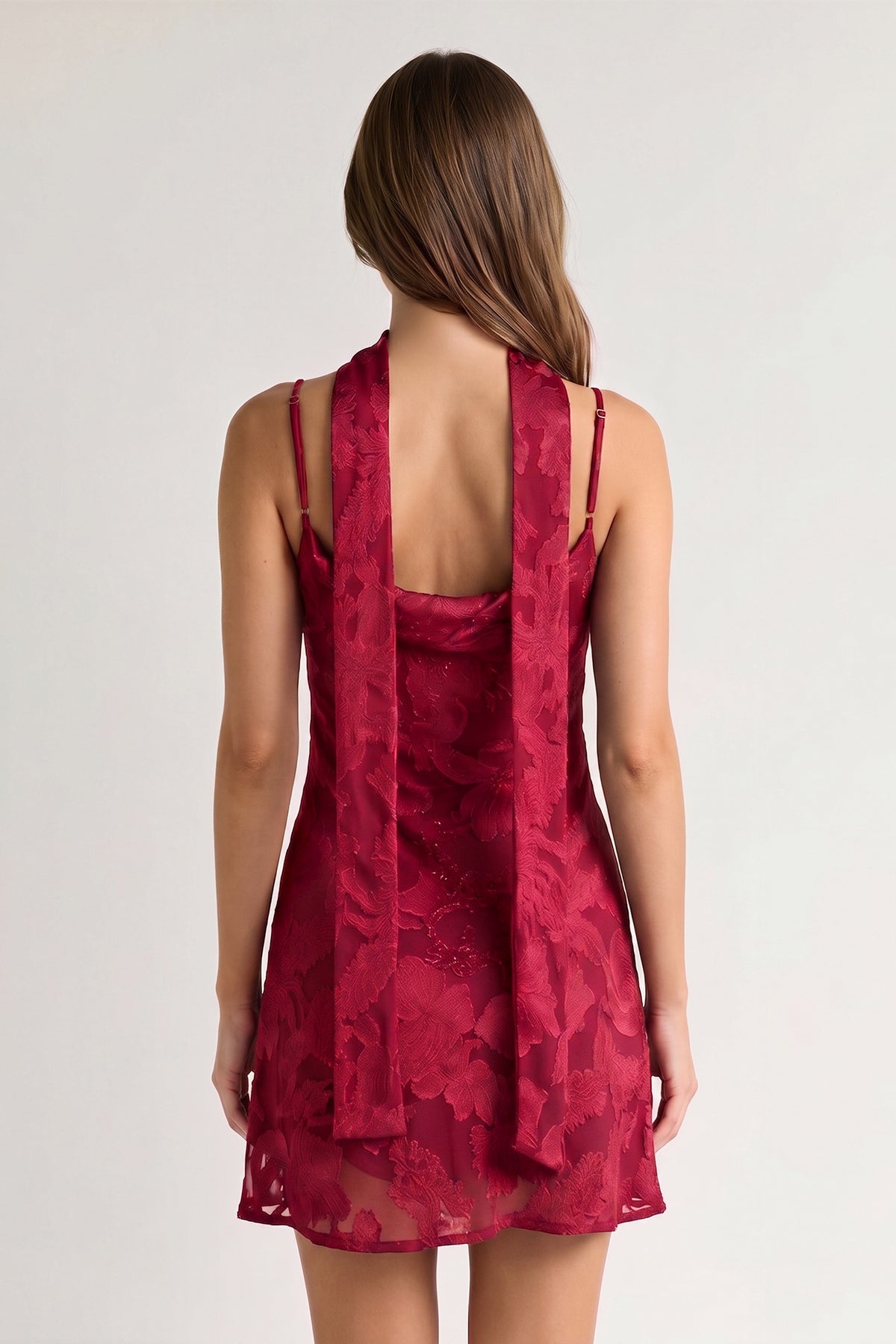 Red Jacquard Chiffon Cami Straps Sheath Homecoming Dress with Scarf