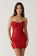 Red Sparkly Beaded Strapless Sheath Corset Homecoming Dress