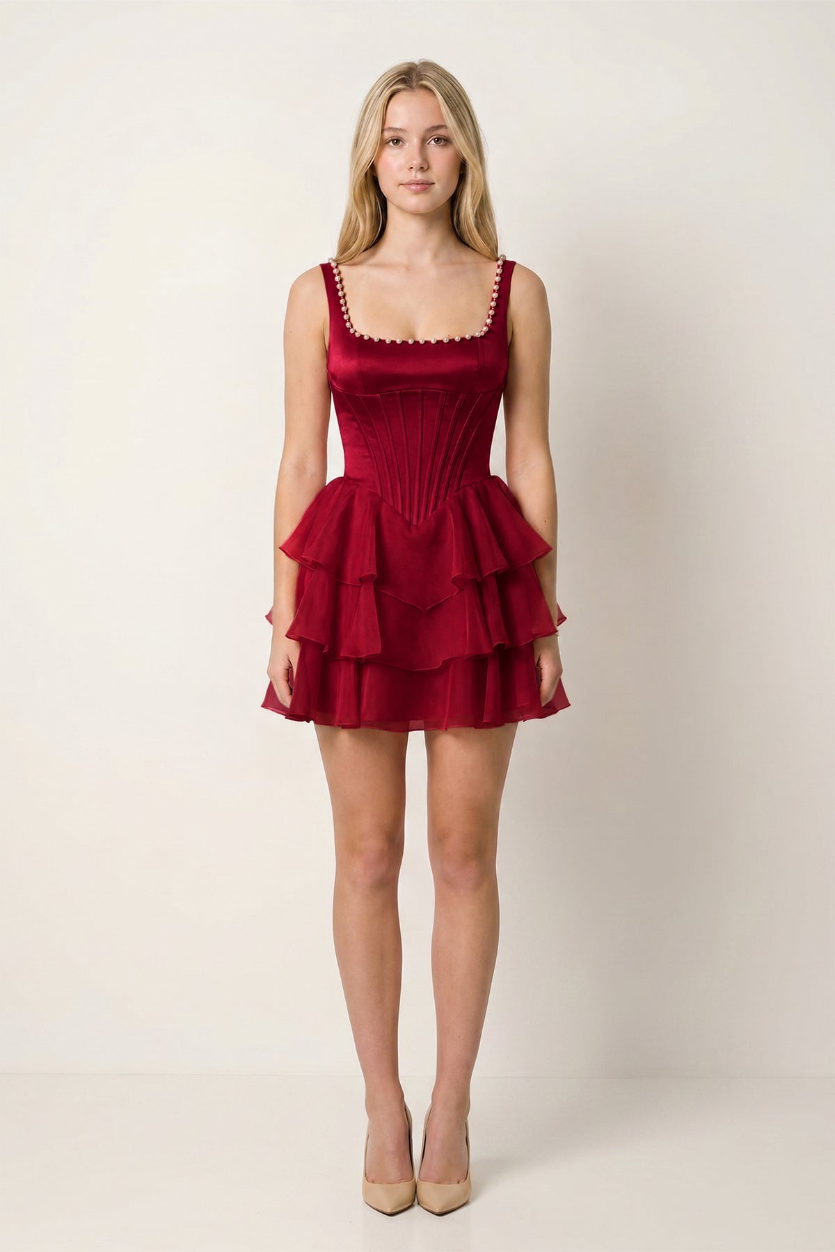 Rose Pink Square Neck Tiered A-Line Corset Satin Homecoming Dress With Pearl