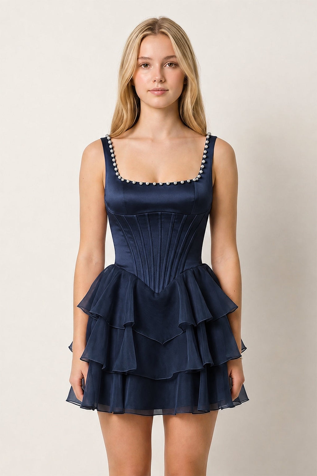 Rose Pink Square Neck Tiered A-Line Corset Satin Homecoming Dress With Pearl