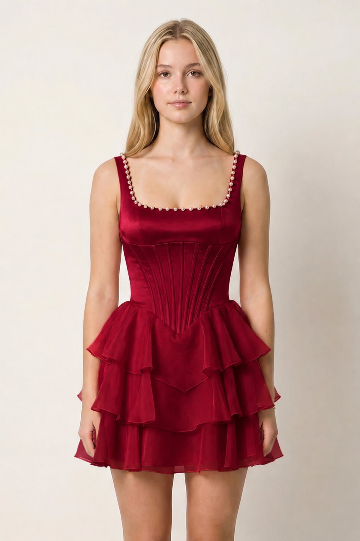 Rose Pink Square Neck Tiered A-Line Corset Satin Homecoming Dress With Pearl