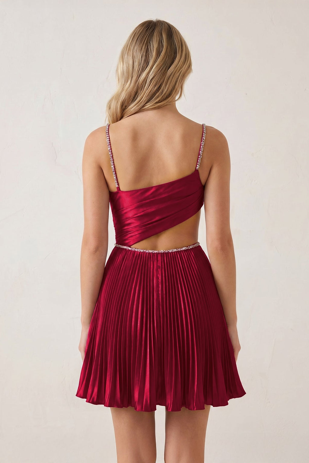 Royal Blue Spaghetti Straps Cut-Out Pleated A-Line Satin Homecoming Dress with Beading