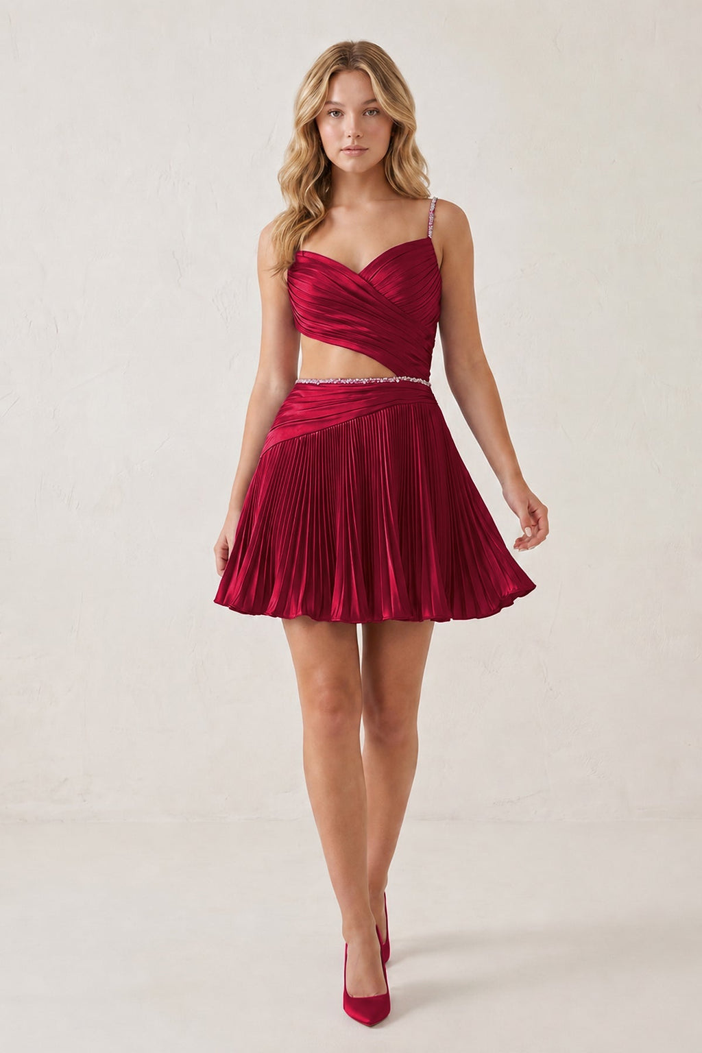 Royal Blue Spaghetti Straps Cut-Out Pleated A-Line Satin Homecoming Dress with Beading