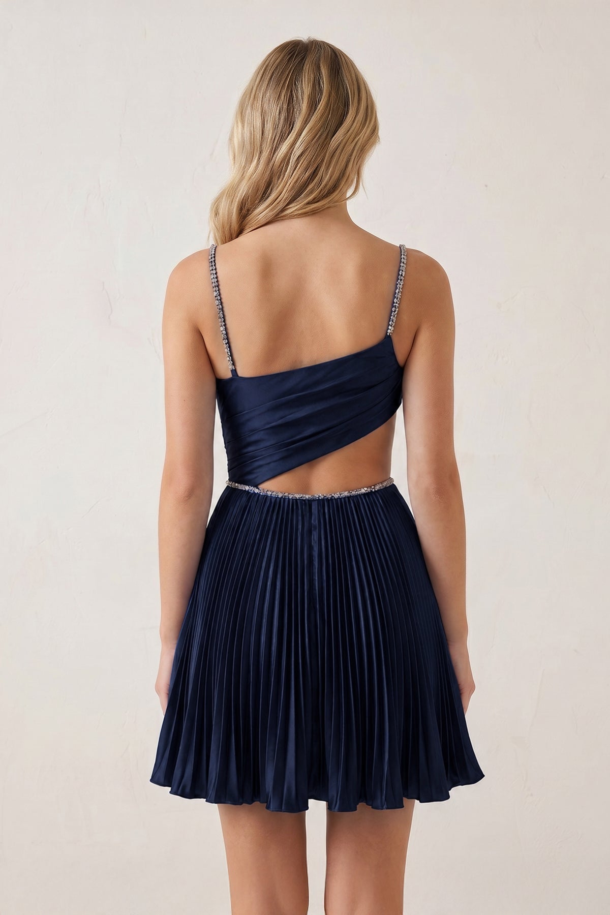 Royal Blue Spaghetti Straps Cut-Out Pleated A-Line Satin Homecoming Dress with Beading