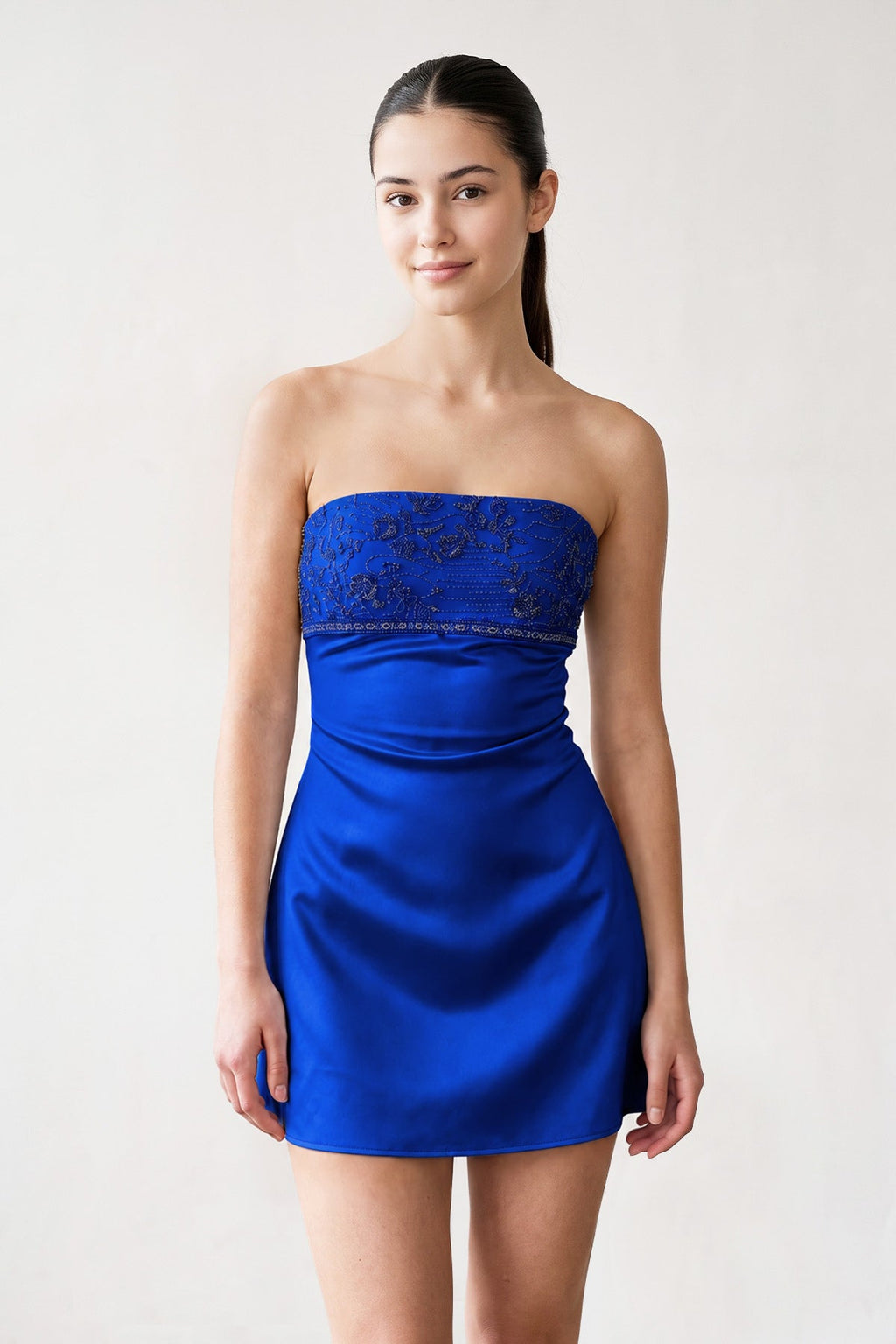Aqua Strapless Appliqued Satin Sheath Homecoming Dress