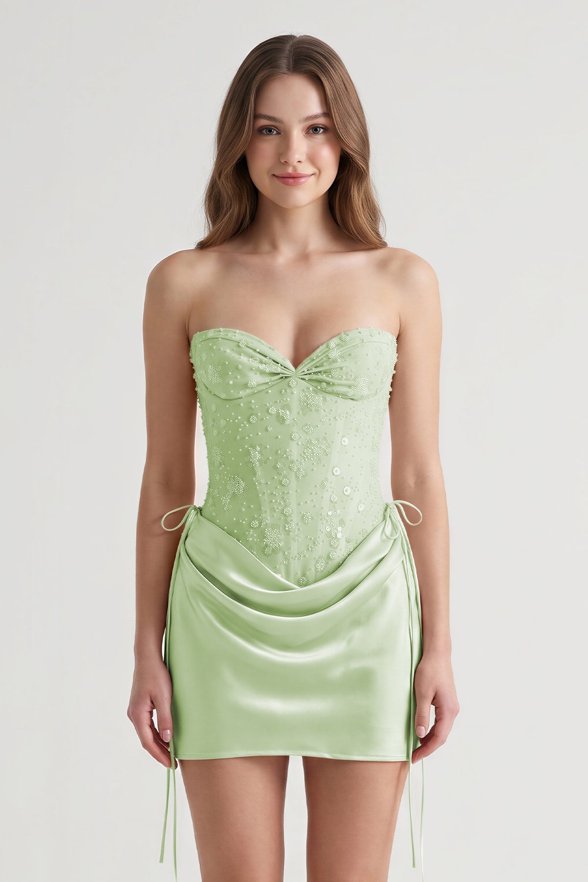 Pink Sweetheart Sheath Corset Ruched Satin Homecoming Dress with Beading