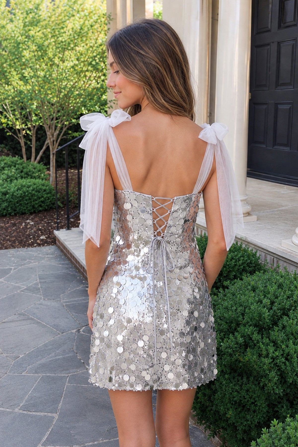Silver Sparkly V-Neck A-Line Sequin Homecoming Dress