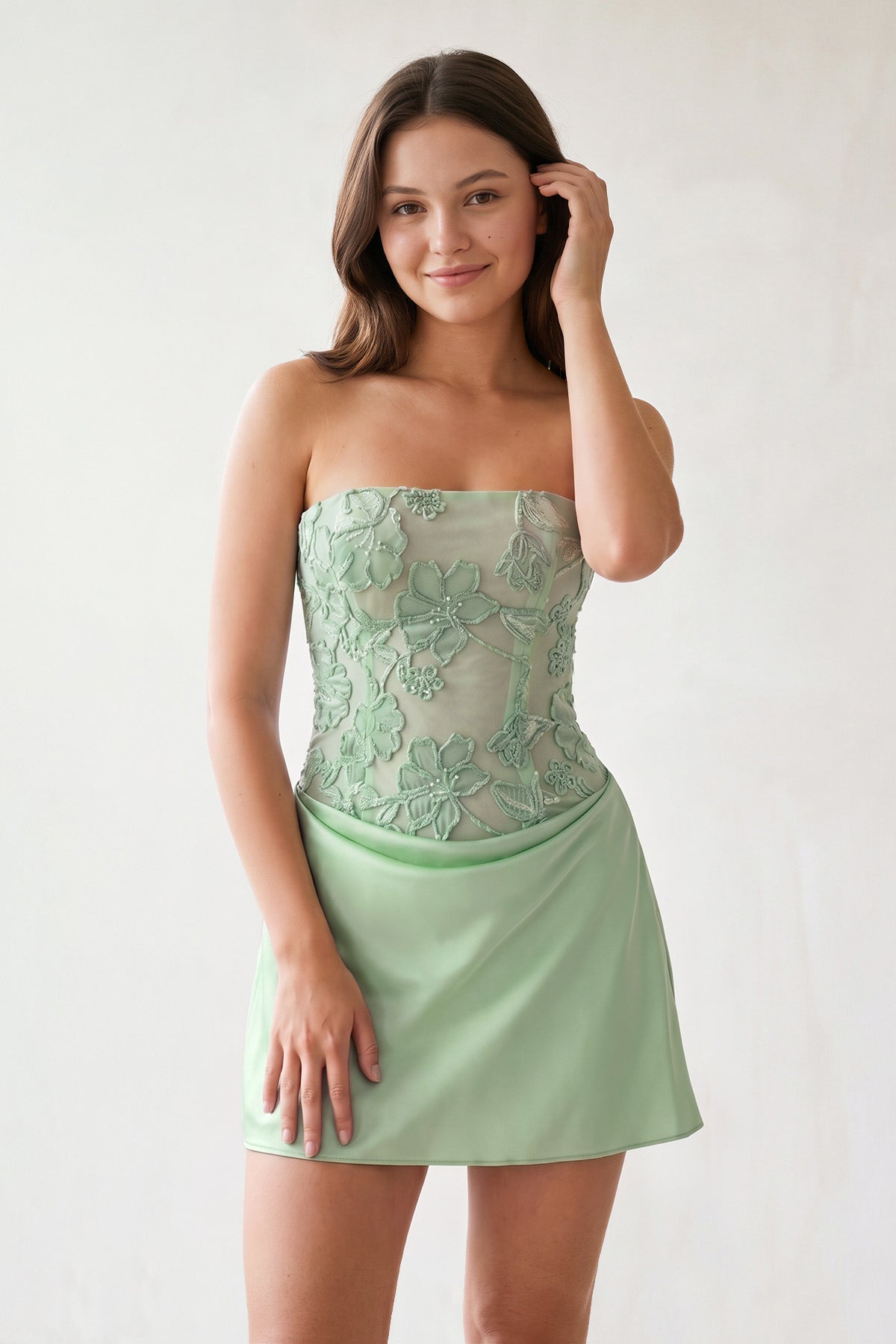 Sky Blue Embroidered A-Line Strapless Satin Homecoming Dress