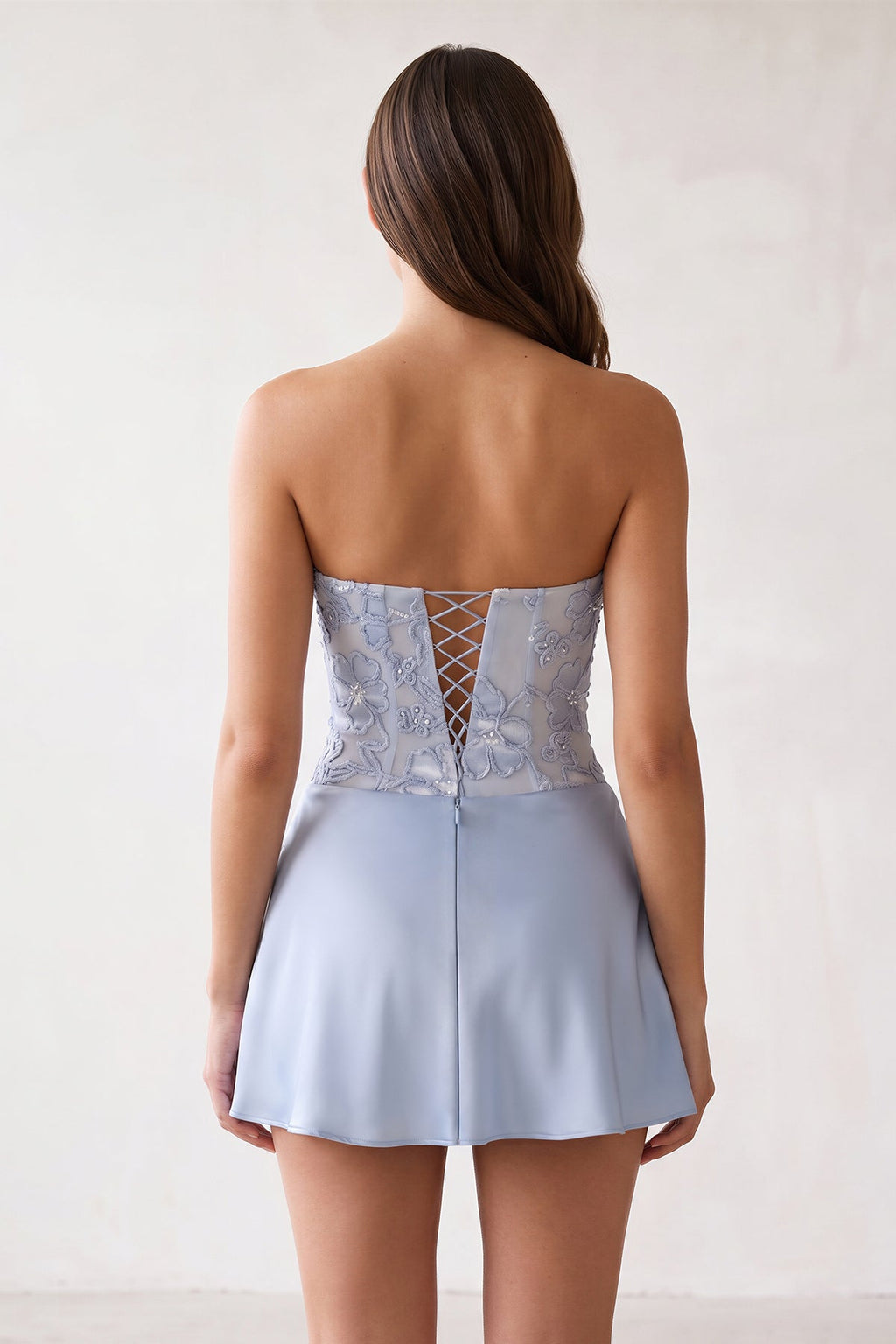 Sky Blue Embroidered A-Line Strapless Satin Homecoming Dress
