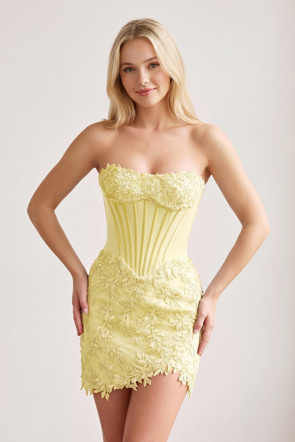Sky Blue Strapless Embroidered Lace Sheath Corset Homecoming Dress