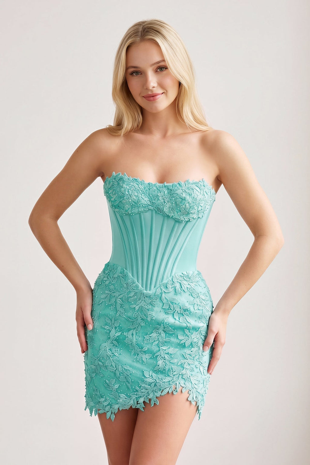 Sky Blue Strapless Embroidered Lace Sheath Corset Homecoming Dress