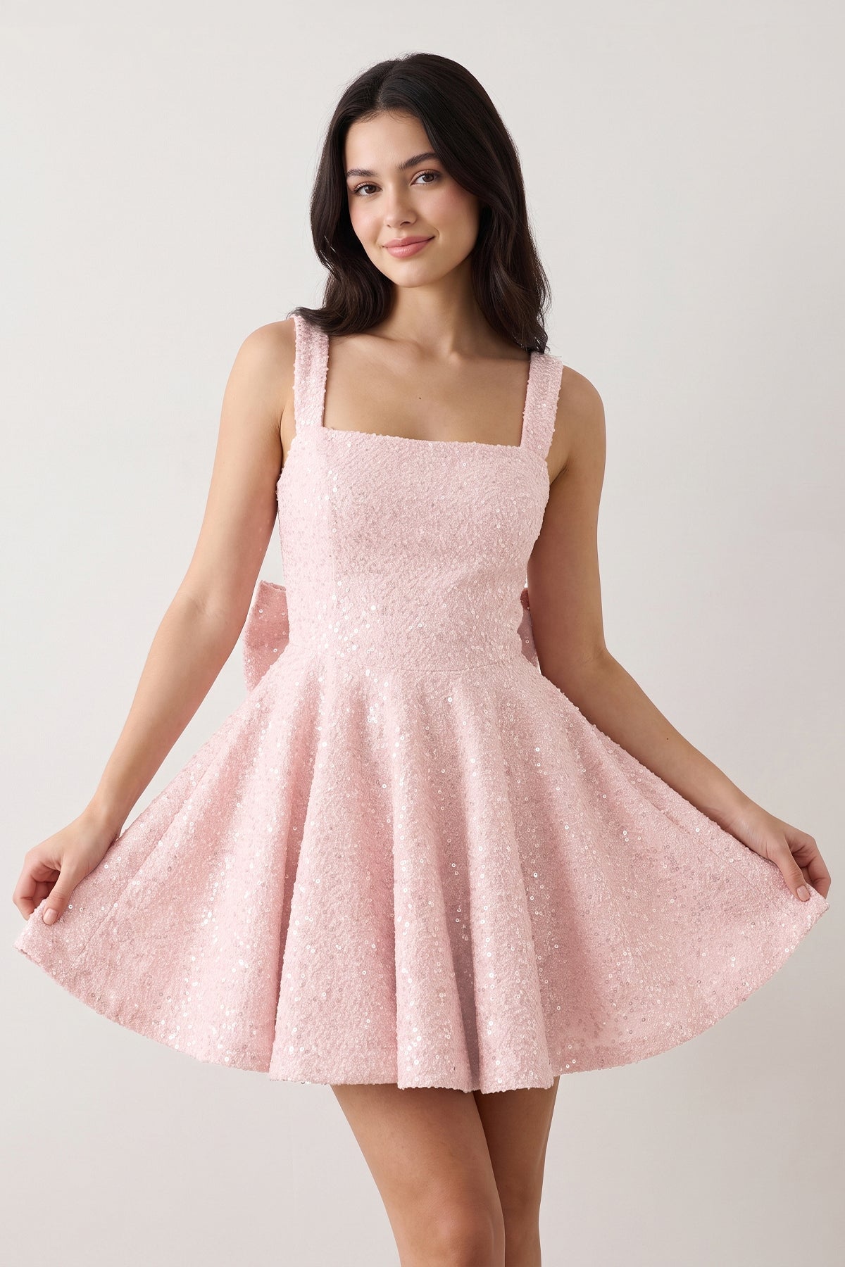 Sparkly Pink Square Neck A-Line Sequin Ruched Homecoming Dress with Bow