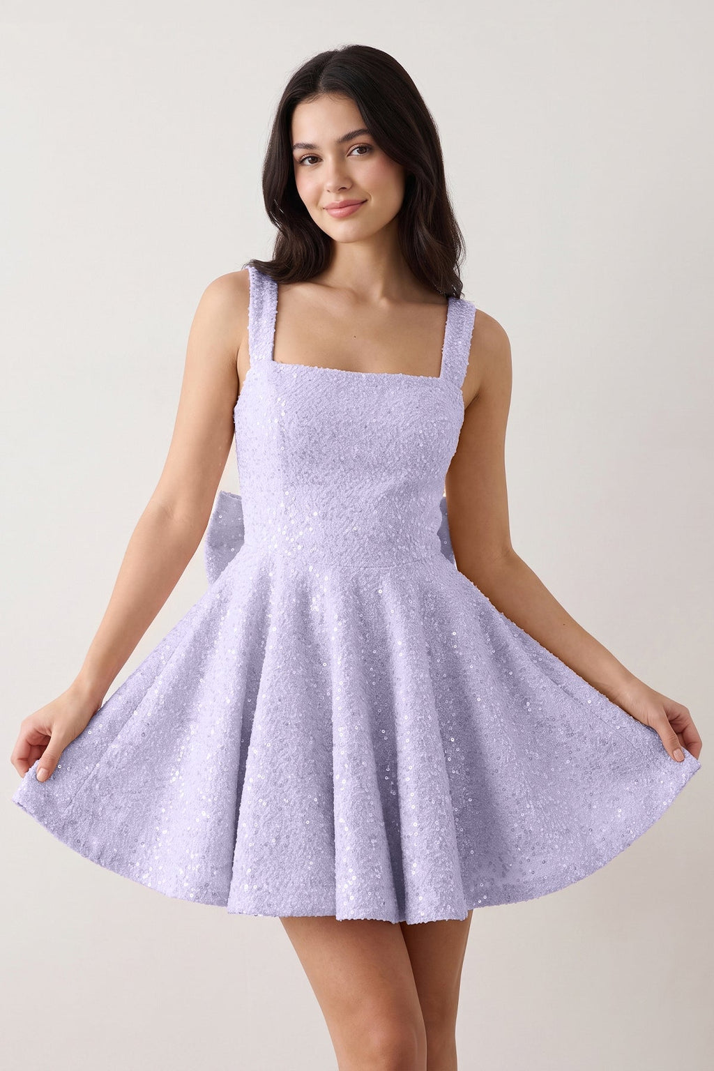 Sparkly Pink Square Neck A-Line Sequin Ruched Homecoming Dress with Bow