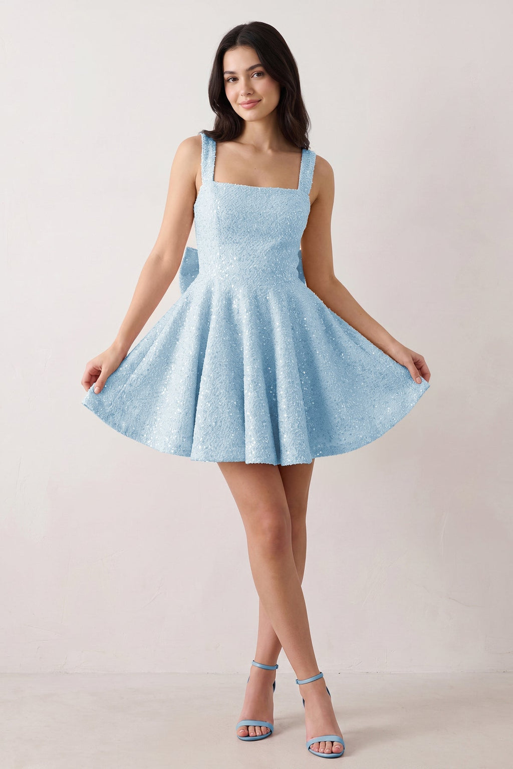Sparkly Pink Square Neck A-Line Sequin Ruched Homecoming Dress with Bow