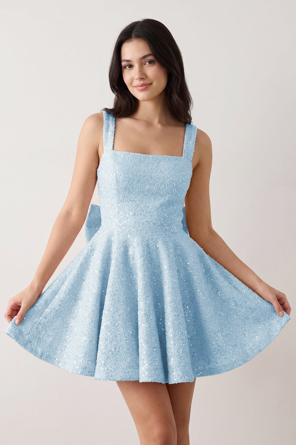Sparkly Pink Square Neck A-Line Sequin Ruched Homecoming Dress with Bow