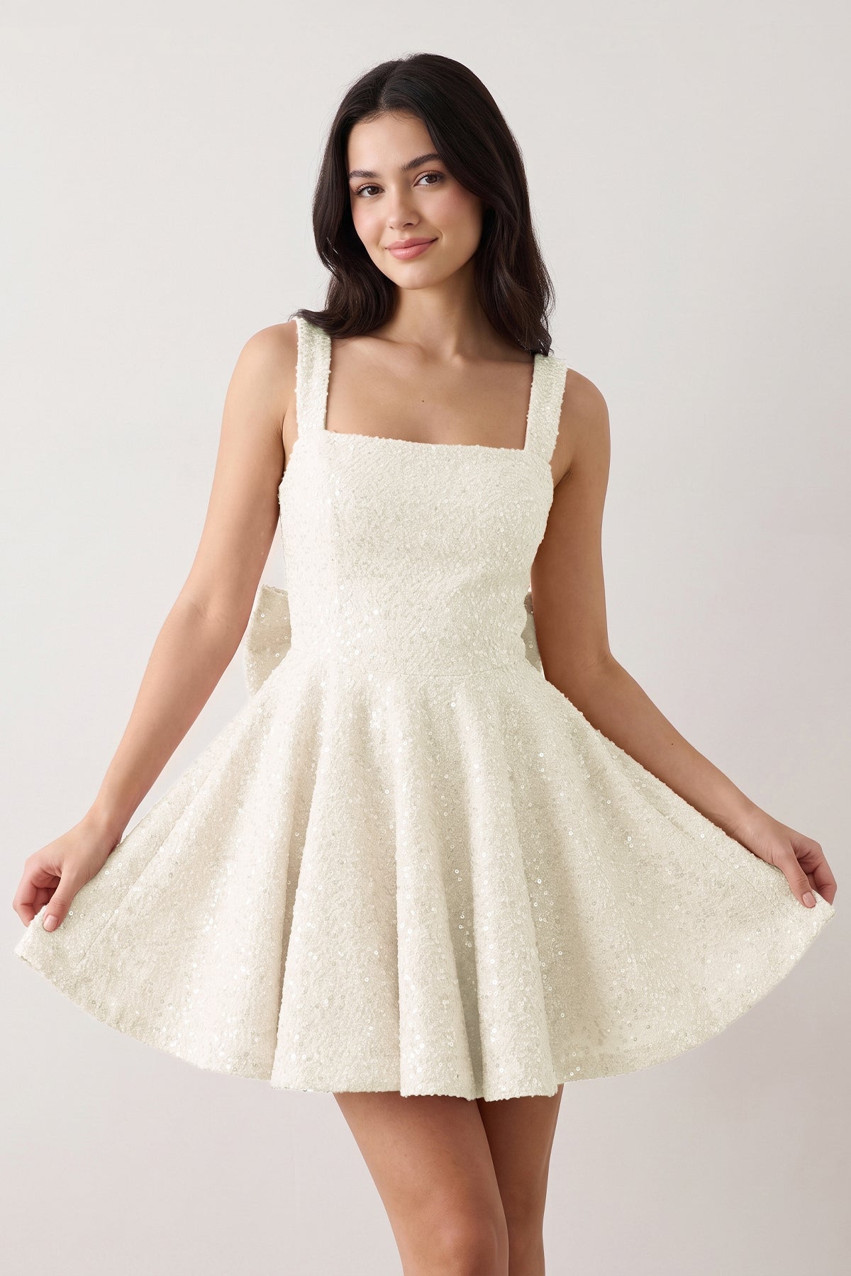 Sparkly Pink Square Neck A-Line Sequin Ruched Homecoming Dress with Bow