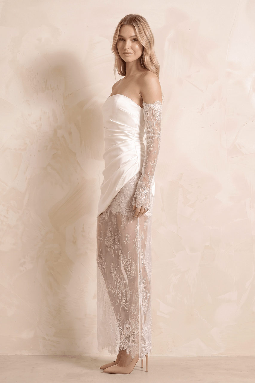 Strapless Satin Lace Ruched Wedding Dress in White
