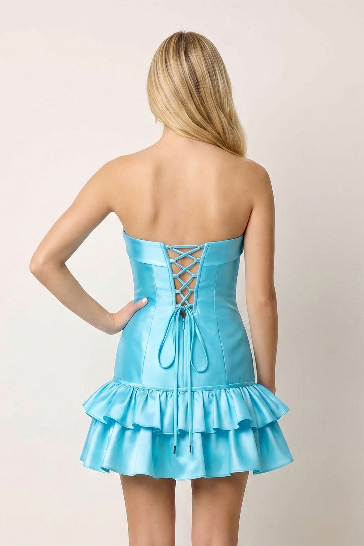 Turquoise Ruffled Strapless Tiered A-Line Satin Homecoming Dress