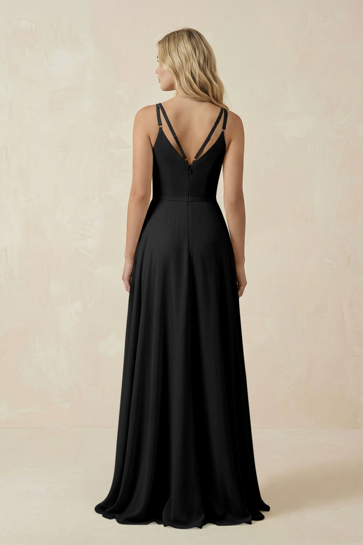 V-Neck A-Line Chiffon Bridesmaid Dress with Crisscross Back in Black