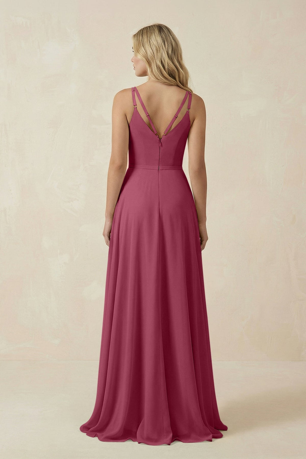V-Neck A-Line Chiffon Bridesmaid Dress with Crisscross Back in Desert Rose
