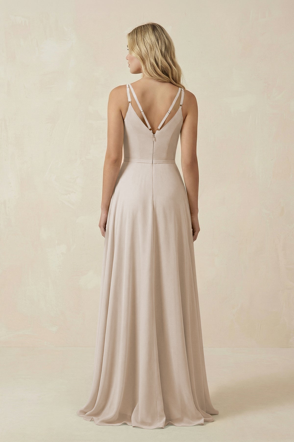 V-Neck A-Line Chiffon Bridesmaid Dress with Crisscross Back in Frost