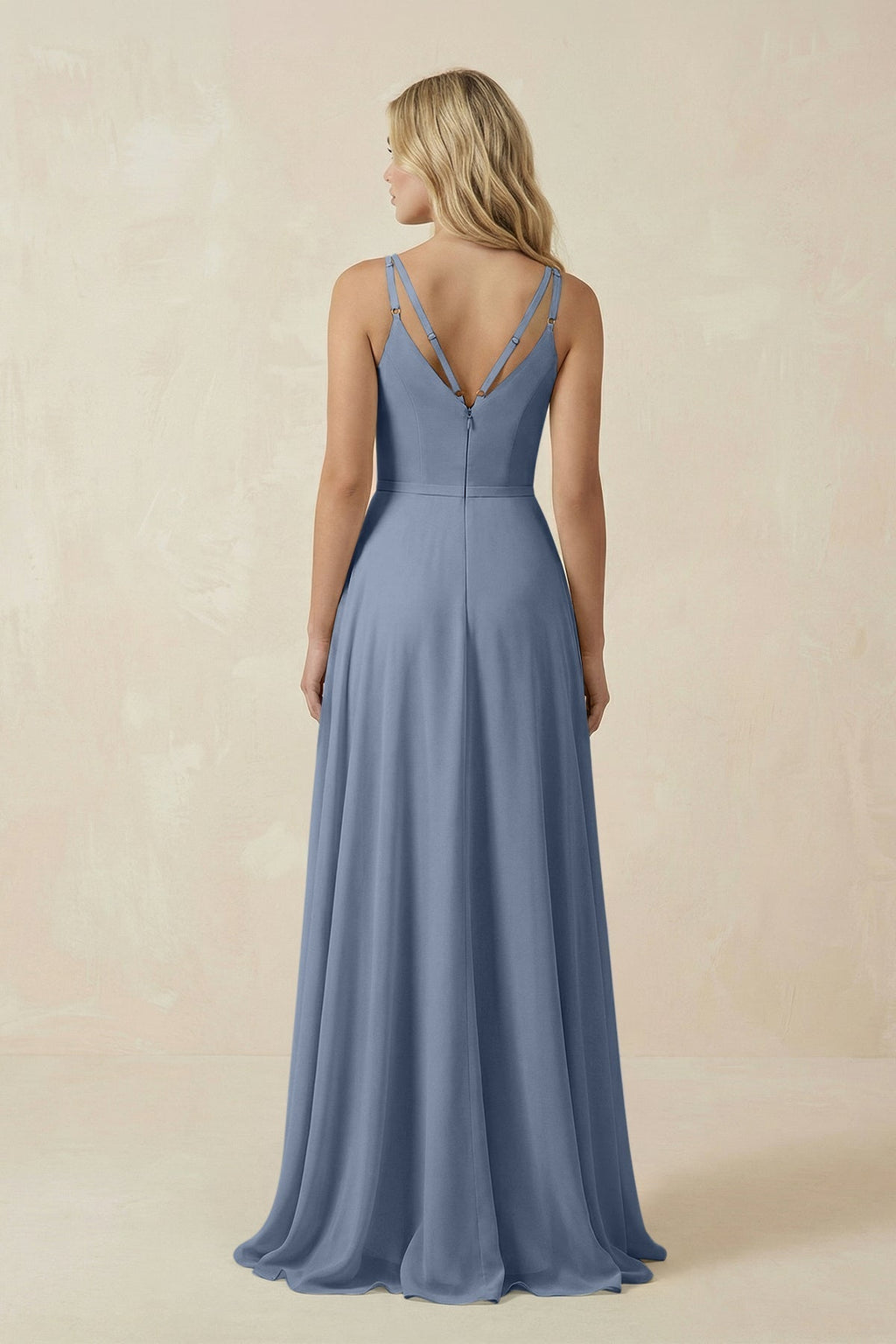 V-Neck A-Line Chiffon Bridesmaid Dress with Crisscross Back in Neptune