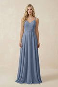 V-Neck A-Line Chiffon Bridesmaid Dress with Crisscross Back in Neptune
