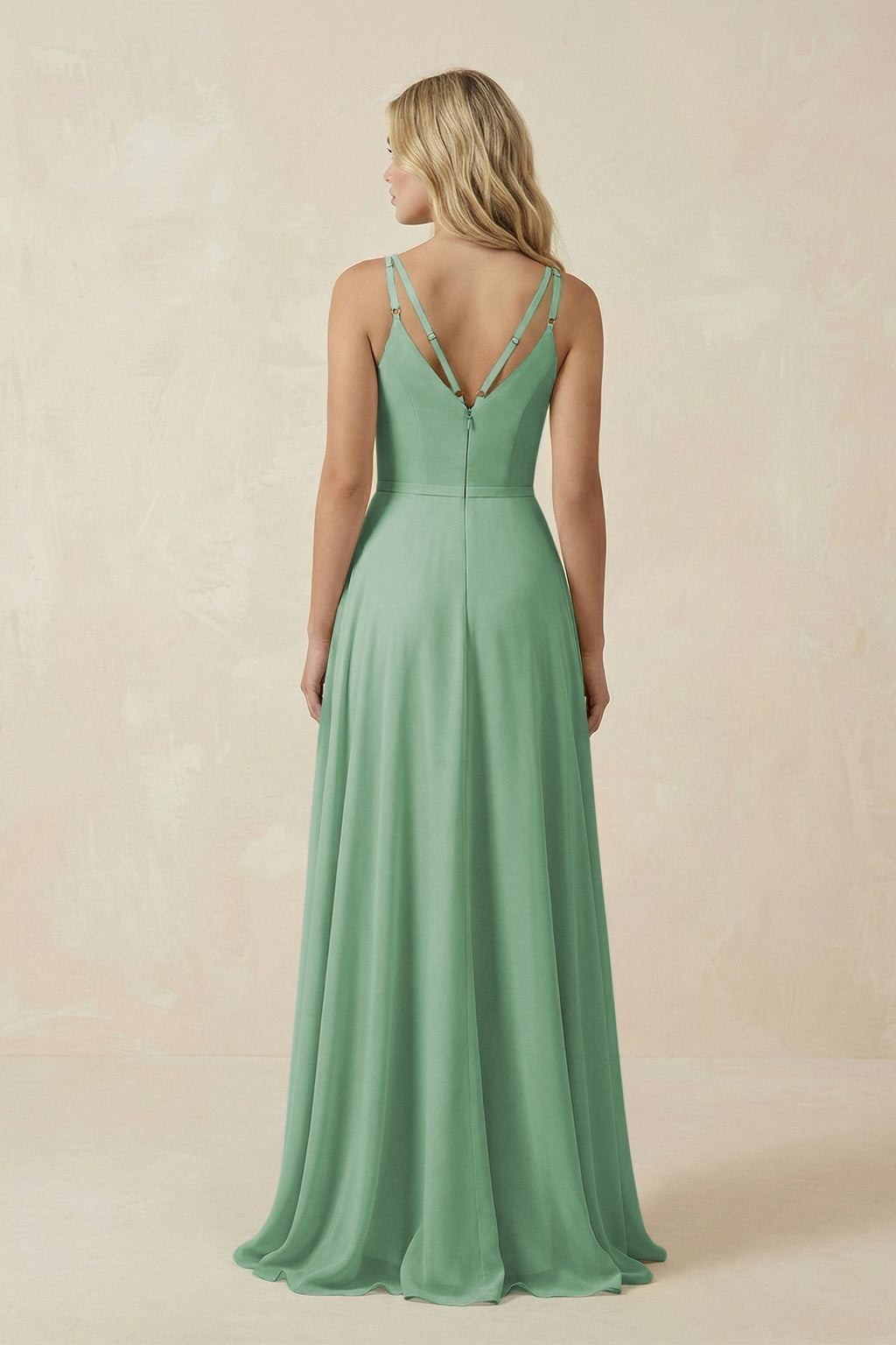 V-Neck A-Line Chiffon Bridesmaid Dress with Crisscross Back in Sea Glass