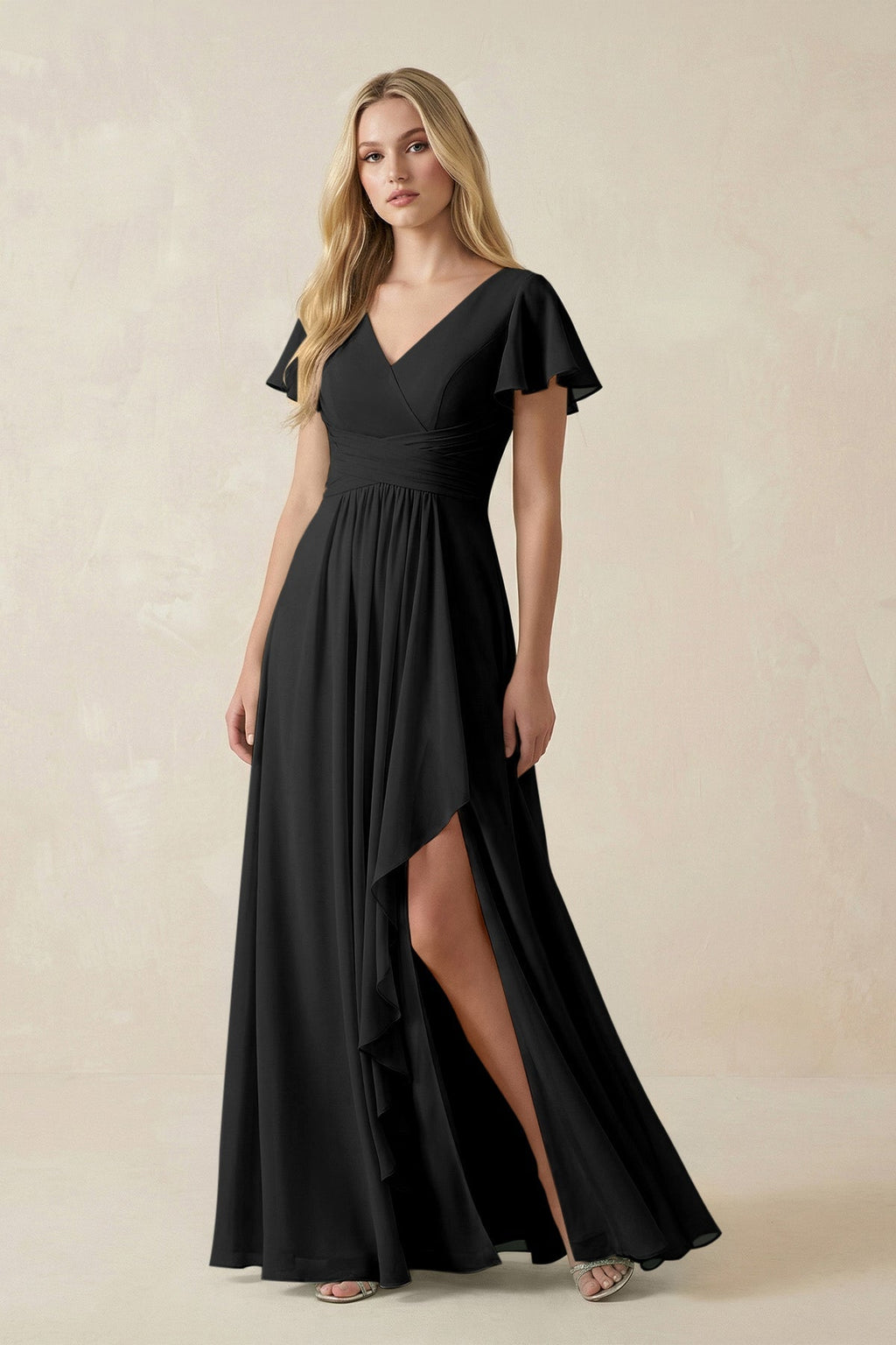 V-Neck Flutter Sleeve A-Line Chiffon Bridesmaid Dress in Black