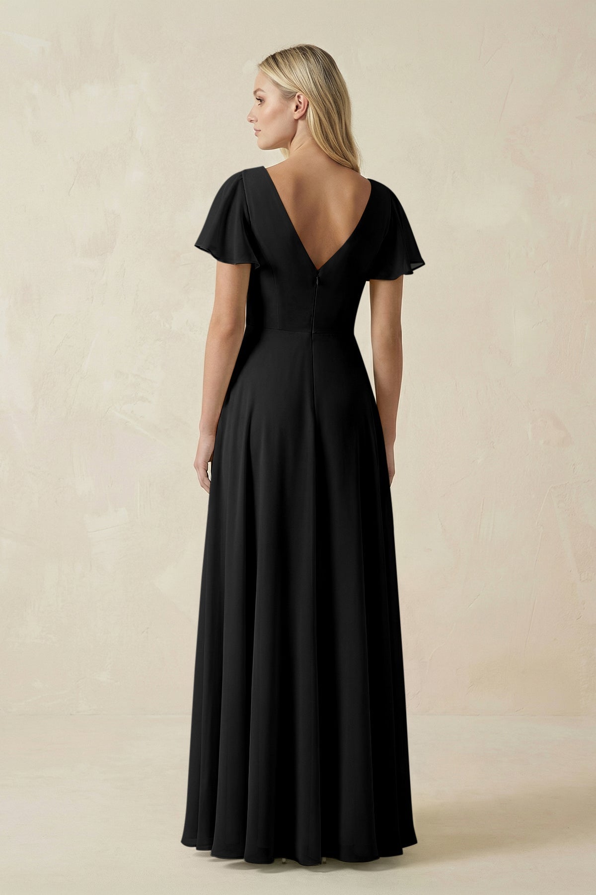 V-Neck Flutter Sleeve A-Line Chiffon Bridesmaid Dress in Black