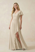 V-Neck Flutter Sleeve A-Line Chiffon Bridesmaid Dress in Champagne