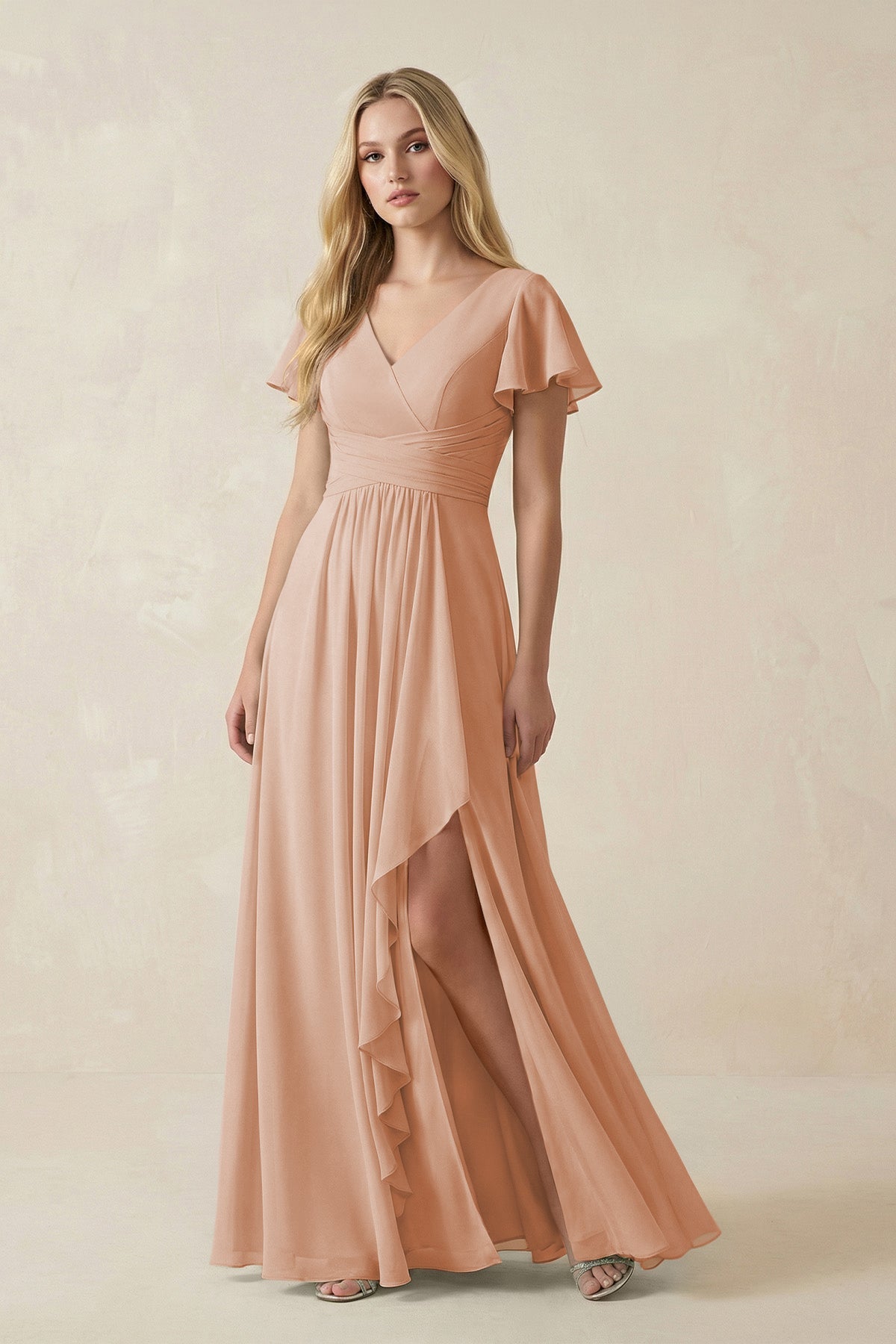 V-Neck Flutter Sleeve A-Line Chiffon Bridesmaid Dress in Champagne Rose