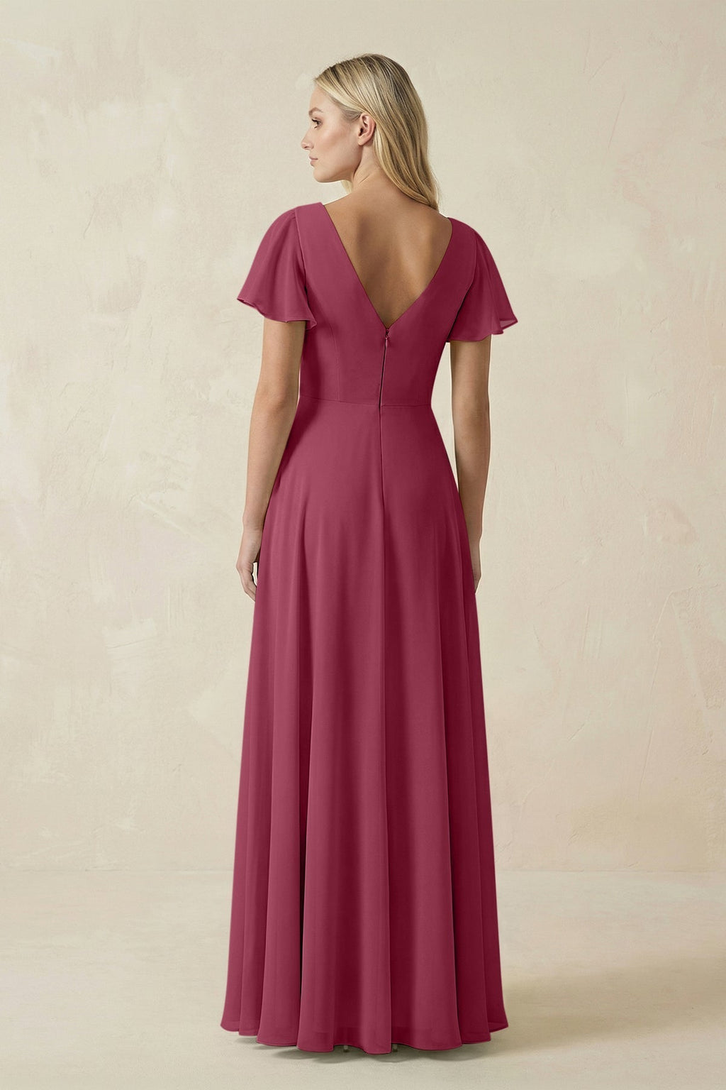 V-Neck Flutter Sleeve A-Line Chiffon Bridesmaid Dress in Desert Rose