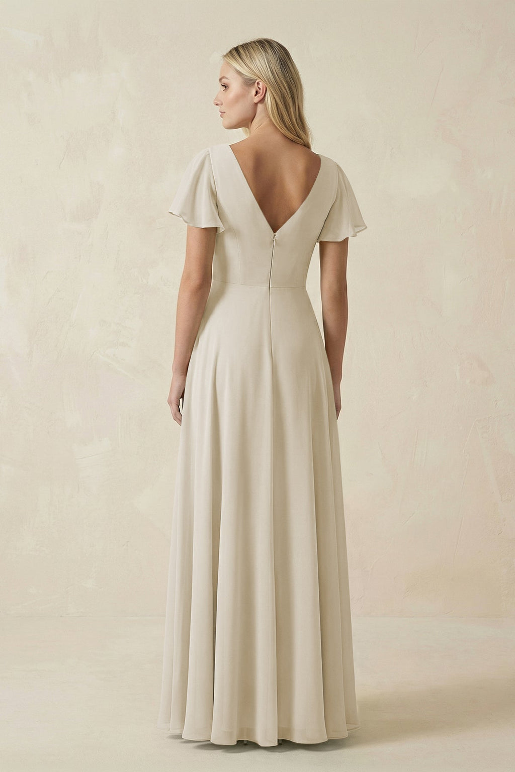 V-Neck Flutter Sleeve A-Line Chiffon Bridesmaid Dress in Dove Gray