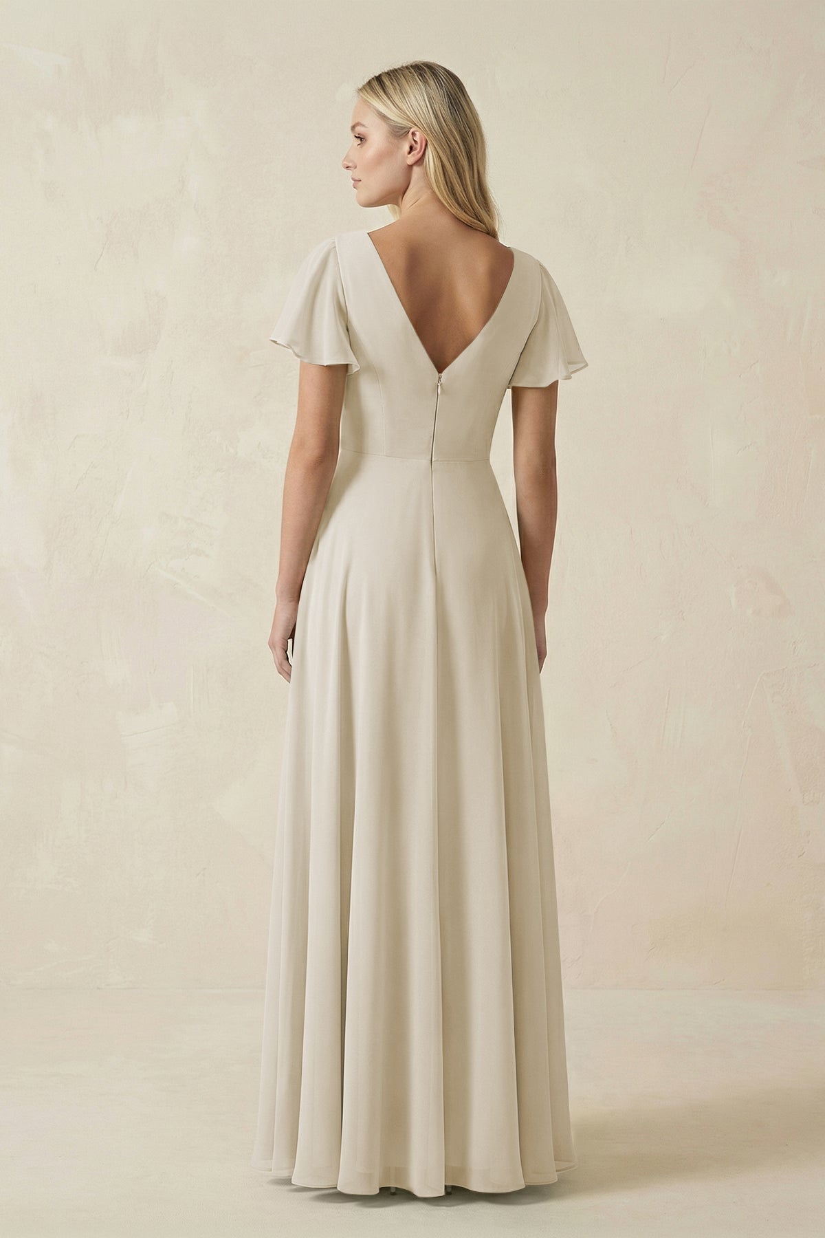 V-Neck Flutter Sleeve A-Line Chiffon Bridesmaid Dress in Dove Gray