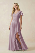 V-Neck Flutter Sleeve A-Line Chiffon Bridesmaid Dress in Dusk