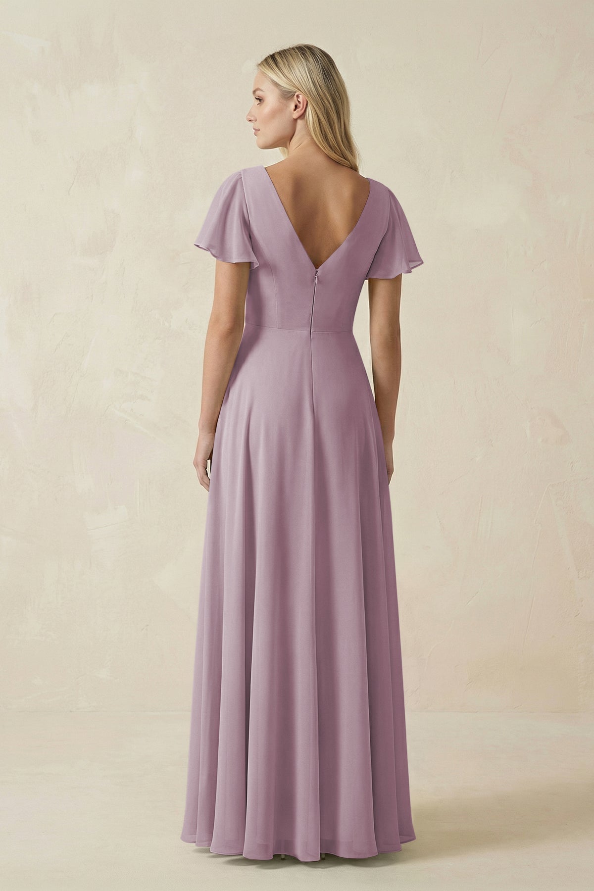 V-Neck Flutter Sleeve A-Line Chiffon Bridesmaid Dress in Dusk