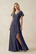 V-Neck Flutter Sleeve A-Line Chiffon Bridesmaid Dress in Dusk Blue