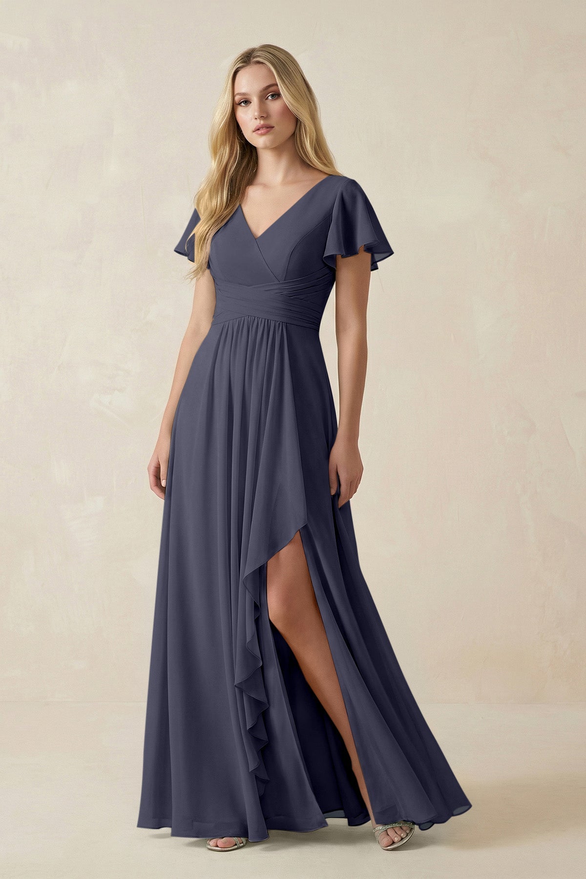 V-Neck Flutter Sleeve A-Line Chiffon Bridesmaid Dress in Dusk Blue