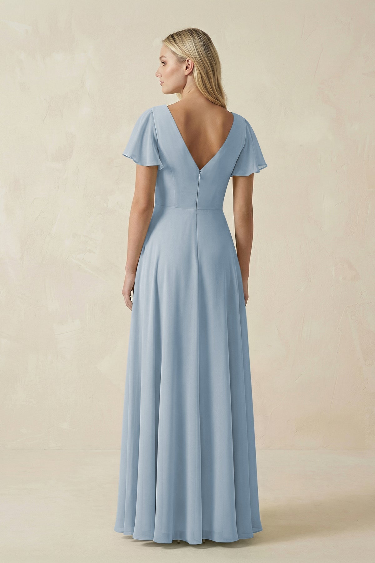 V-Neck Flutter Sleeve A-Line Chiffon Bridesmaid Dress in Dusty Blue